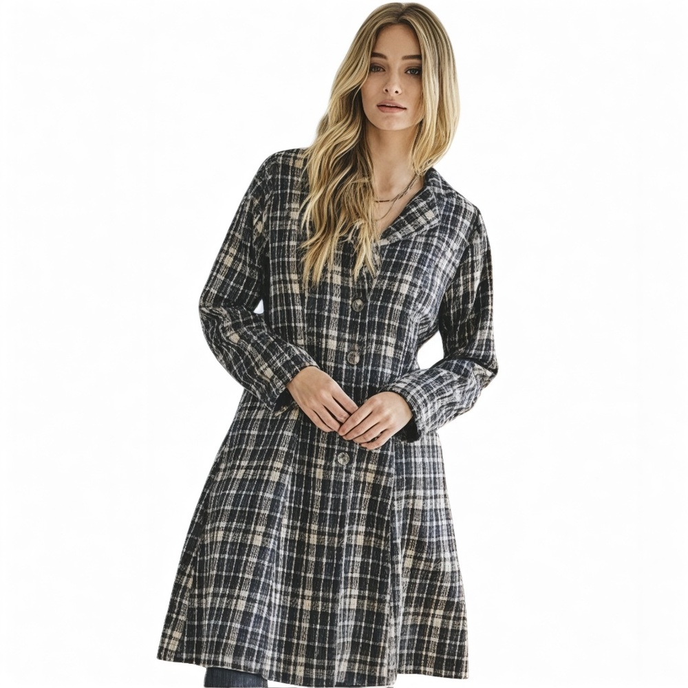 Tweed Button Down Double Collar Coat Size S (Tan/Dark Grey)